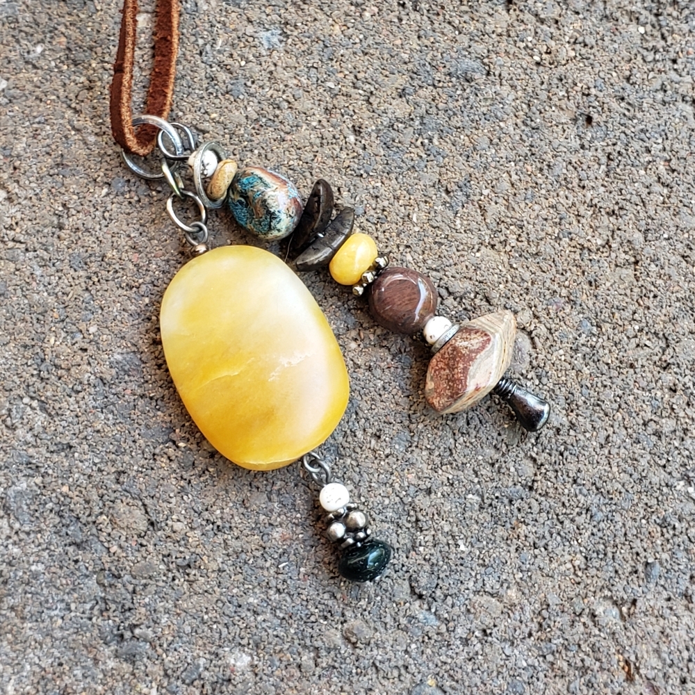 Casual Gemstones on Leather Strand Necklace